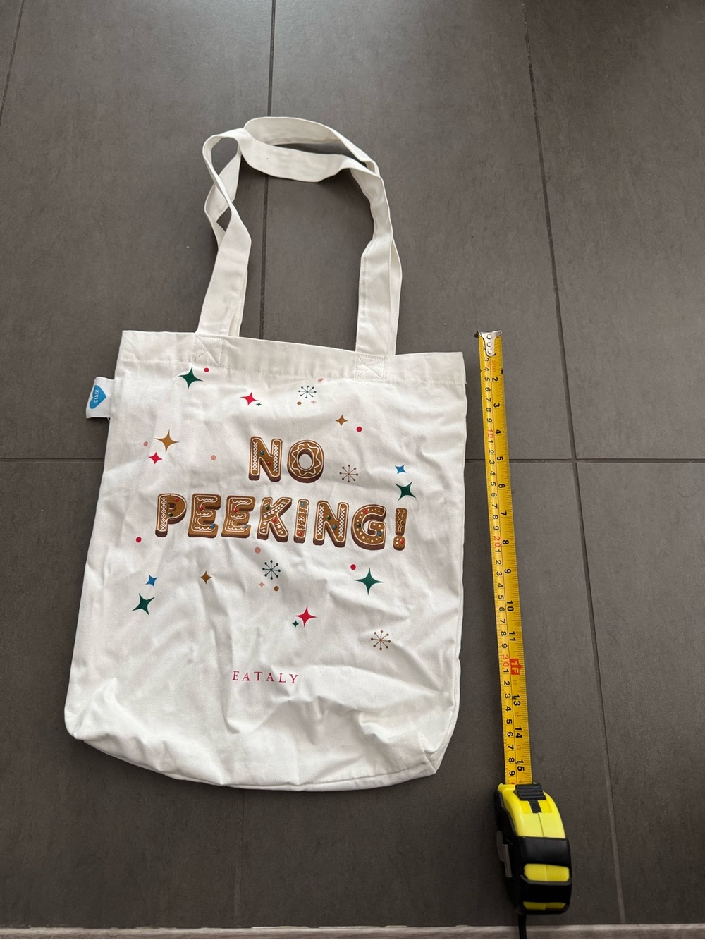 Eataly White Christmas Canvas Tote Bag with "No Peeking!" Graphic